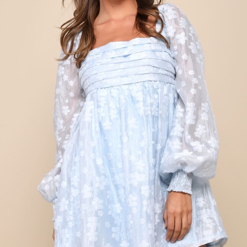 Lulu’s Radiantly Cute Light Blue Burnout Floral Pleated Mini Dress